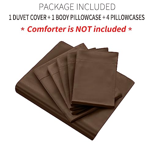Image of Ersmak 6 Pieces Satin Duvet Cover King Size Luxury Silky Bedding Duvet Cover Set with 1 Soft Duvet Cover, 4 King Pillowcases and 1 Body Pillowcase, Brown