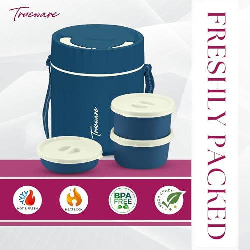 Image of Trueware SNAKK 2 Insulated Hot Lunch Box with 3 PP Container, 2 Container 300 ML Each & 1 Container 200 ML, Food Grade, BPA Free | Office Lunch Box | Tiffin Box
