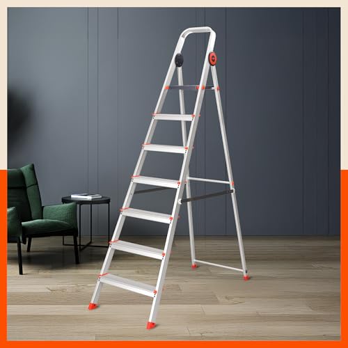 Image of Bathla Advance Pro 7-Step Foldable Aluminium Ladder for Home | Heavy-Duty & Anti-Slip Steps with Sure-Hinge Technology | 7-Year Manufacturer Warranty | Orange