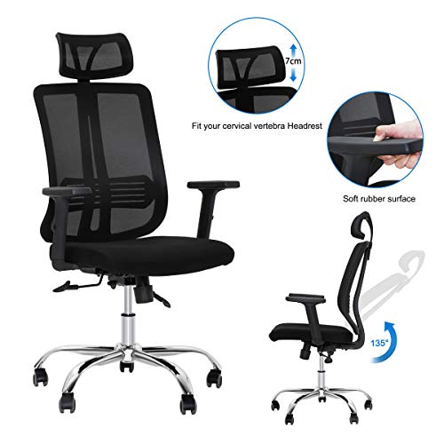 DOSLEEPS Office chair, Adjustable Headrest/Armrest/Height,Ergonomically Mesh High backrest Home office chair, With Tilt Mechanism,360 Degree Swivel, Max Weight Capacity 150kg, Black