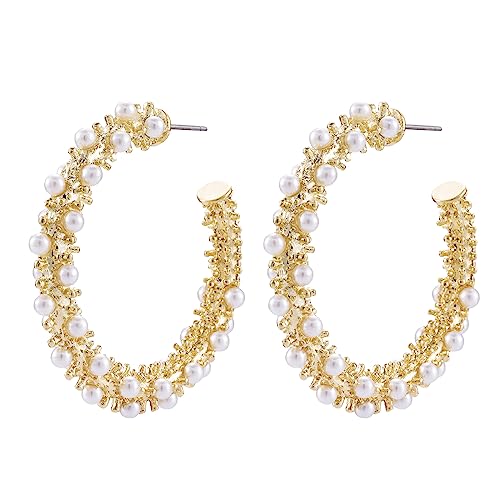 SELOVO Vintage Style Simulated Pearl Hoop Earrings Gold Color for Women - Main Image
