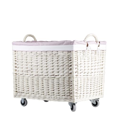 e-wicker24 Alles aus Weide - Caja de almacenaje para lavandería rectangular, cesta de mimbre con ruedas y forro de tela, baúl de almacenamiento de mimbre, cesta, caja (blanco)