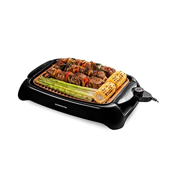 OVENTE Electric Indoor Grill with 13×10 Inch Non-Stick Cooking Surface, 1000W Fast Heat Up Power, Adjustable Temperature, Removable and Dishwasher Safe Grilling Plate and Drip Tray, Copper GD1632NLCO