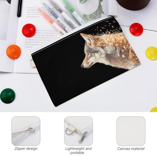Wolf Golden Leaves Birds Fashion Coin Purse Change Makeup Bag Canvas Pencil Pouch Travel3