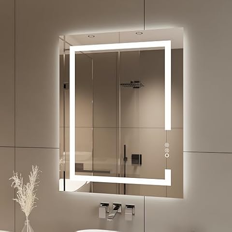 YIDABATH LED Bathroom Mirror 28x36 Inch with Front Light and Backlit, Anti-Fog, 3 Colors Light Dimmable Lighted Bathroom Vanity Mirror, Shatter-Proof, Memory Function Cover