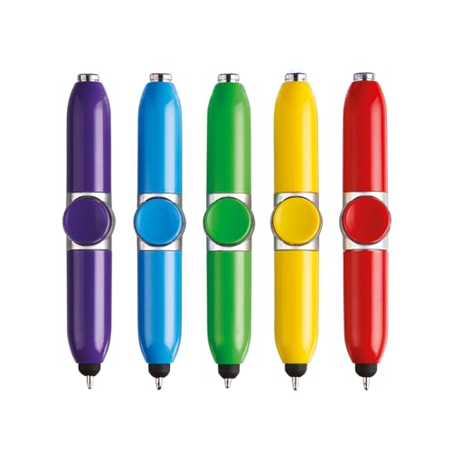 Set of 5 Gyro Spinning Light-Up Pens - Ball Point Writing or Touch Screen Pen with Torch & Recessed Holder for Fidget Spinner Mode, Versatile Adults Kids Childrens Novelty Toy Gift – Each L9.5 x 1.7cm