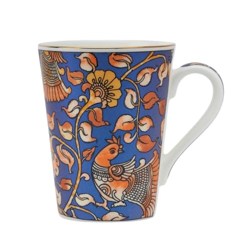 Image of GOLDEN QUEEN'S Mugs Set Of 2 For Coffee, Tea, Milk - Ideal For Your Daily Beverage Ritual, Hosting & Casual Gatherings | 24 K Gold On Rim - Kalamkari Hues In Blue, 300 Ml
