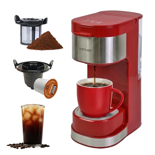 Image of Kenmore Single Serve Coffee Maker - Compatible with Keurig K‑Cup Pods & Ground Coffee, One Cup Brewer, 6-12 Oz Brew Sizes, Travel Mug Friendly, Auto Shut‑Off, Hot & Iced Maquina de cafe, Red
