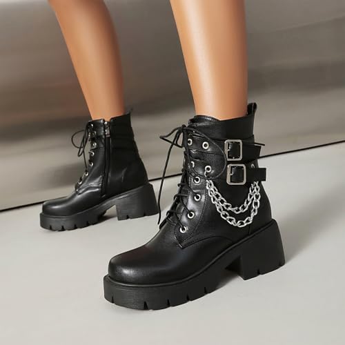 Image of MEOTINA Goth Platform Boots Combat Boots Chunky Heel Ankle Booties for Women Punk Buckle Gothic Boot with Zipper Lace Up Dress Shoes Black /White