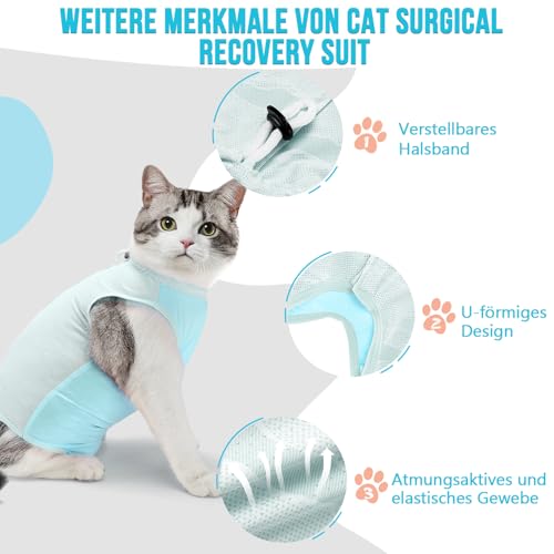 Eyein Katzenbody nach OP, Atmungsaktiver bequemer Erholungsanzug Anti-leckende Katzen-Operationsanzug mit Mesh Design für Katze Body Operation - Katzen Kätzchen E-Halsband Alternative (Hellblau, S)