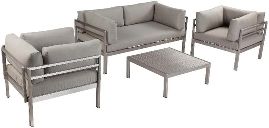 Pemberly Row 3 Pc Outdoor Sectional Metal Sofa Set with Table, Gray Fabric Upholstery, Silver Aluminum Frame, Waterproof Cushions, Sled Base, Plank-Style Table, Durable Patio Furniture for Outdoor