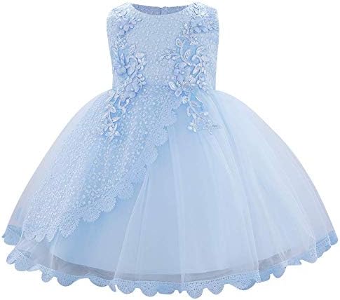 Infant Toddler Girls Embroidery Flower Sequin Bead Ruffle Tulle Dress Baptism Christening First Communion Birthday Party Special Occasion Photography Prop Blue 18-24 Months
