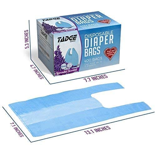 Tadge Goods Baby Disposable Diaper Bags 400 Pack Scented With Lavender - Odor Absorber Biodegradable Plastic Diaper Sacks For Trash Bag Essential Items - Bags For Dirty Diapers - Refill 400 Count #TOP4