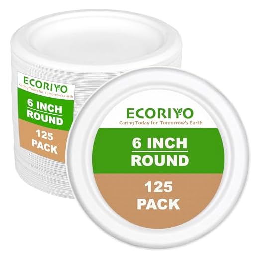 ECORIYO Paper Compostable Plates - 6 Inch Heavy Duty Paper Plates, 125-Pack of Biodegradable Plates from Sugarcane - Disposable Dessert Plates, Thick Paper Plates Bulk
