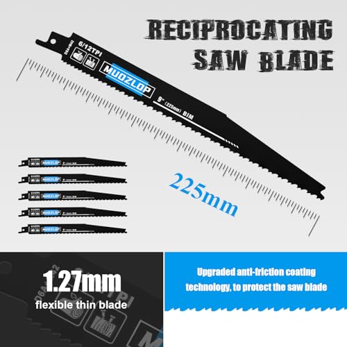 Image of 5 Pack 9 inch Reciprocating Saw Blades Set,6 /12TPI High Carbon Saw Blades, Woodcutting Saw Blades with Organizer Case (5, 6 /12TPI /9 inch)