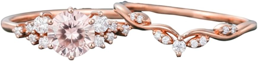 1.0 ct Round Cut Gemstone Engagement Ring For Women 2 pcs Unique Art Deco Curved Wedding Ring Set 10K 14K 18K Gold Nature Inspired Ring Wedding Anniversary Ring Set