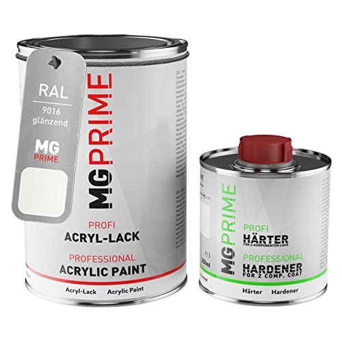 MG PRIME RAL 9016 Blanc signalisation/Traffic white brillant peinture acrylique 1,5 Litres / 1500 ml durcisseur inclus