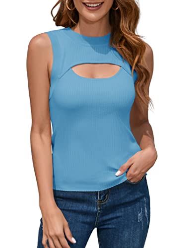 Image of Womens Sleeveless High Neck Tank Top Cut Out Ribbed Knit Racerback Blouses Casual Basic Tops