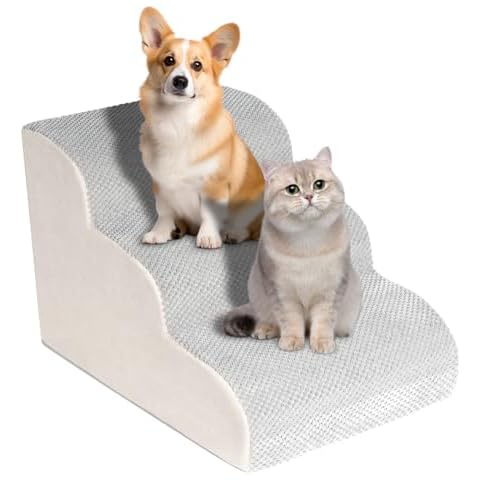 Dog Ramp, Flymer Dog Stairs for Small Dogs, 3-Step Stairs for Dogs to Get on Bed, Dog Steps Non-Slip Bottom No Assembly Cover