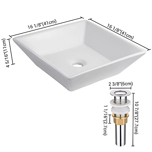 Aquaterior Square White Porcelain Ceramic Bathroom Vessel Sink Bowl Basin With Chrome Drain 16-1/7"X16-1/7"X4-1/3"H #TOP5
