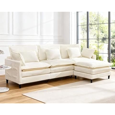 SAMERY 113" Modular Sectional Sofa Comfy Cloud Couch with Movable Ottoman Pillows, Deep Seat Chenille Modular Sofa L Shaped Cloud Sectional Couches for Living Room, Bedroom, Apartment, Beige Cover