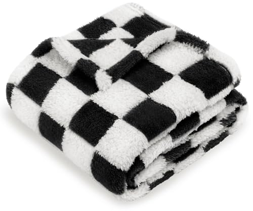 Image of HOMRITAR Checkered Baby Blanket for Boy Girls Ultra Soft Fluffy Fuzzy Toddler Blankets with 3D Chessboard Grid Warmer Comfort Reversible Bed Blanket for Winter 350GSM Black 30 x 40 Inch