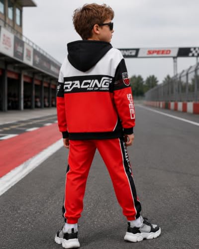 Image of Boy 2 Piece Outfits Long Sleeve Racing Hoodie Top and SweatPants Fall Winter Clothing Set Sizes 5-12 Years