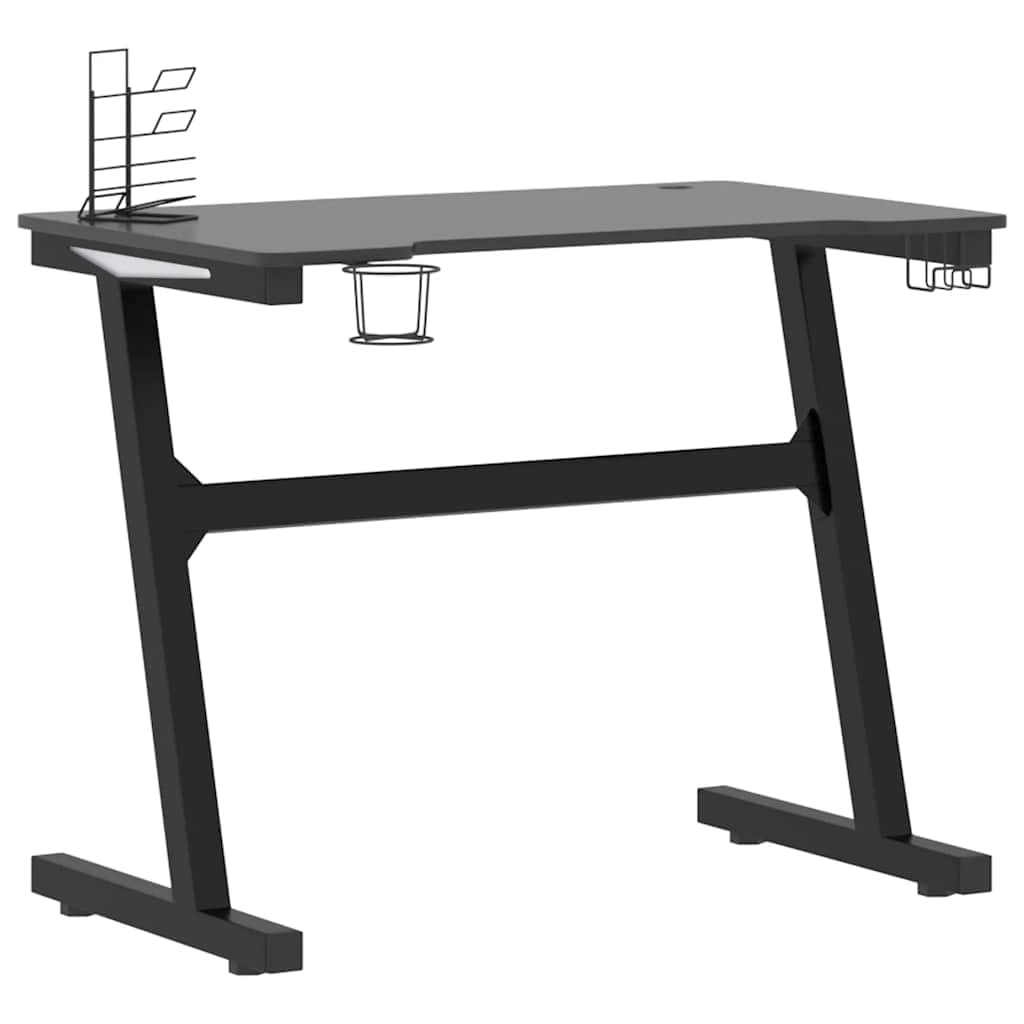 Bureau de jeu avec éclairage LED, cadre en Z, noir, 90 x 60 x 75 cm, bureau d'ordinateur avec support pour casque, design ergonomique pour gamer
