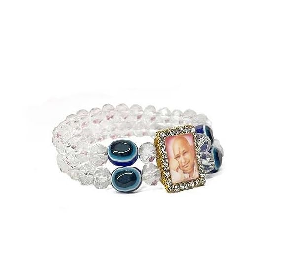 Image of (Set Of 2 Crystal Diamond Cut 8mm Moti Beads Stone Ractangle Shape Nug Shukrana Blessing's Always Jai Guru Ji Swaroop /Photo Wrist Band Cuff Charming Evil Eye Nazariya Elastic Bracelet
