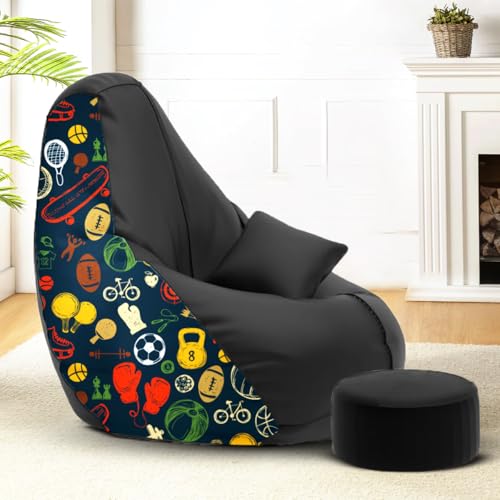 Image of Amazon Brand - Solimo Premium Faux Leather Bean Bag Combo with Footrest & Cushion, Filled with Beans | Capacity: Upto 6 Ft 3 in Height, 120 KG Weight | 4XL | Sports Mania | Black