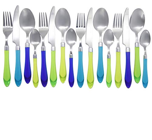 The Original Brink House Sea Blue Green Mix & Match Stainless Steel Cutlery Set with Translucent Handles / 16 pieces with Metal Stand/Lifestyle utensils set for home, apartment, dorm, outdoor events