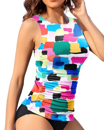 Image of Daci Tankini Tops for Women Tummy Control Swim Top Only | High Neck, Ruched Front, Full Coverage, Removable Pads, No Bottom, Soft Stretch Fabric, Fully Lined, Beach and Water Sports