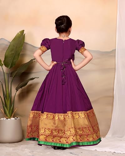 Image of Girls Silk Pattu Gown for Kids Traditional South Indian Long Ethnic Dress | Baby Girl Festival Pavadai Sattai Style Party Wedding Birthday Special Occasion Outfit