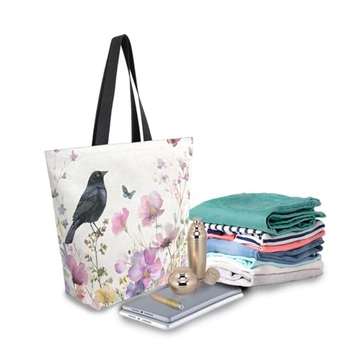 Extra Large Shoulder Tote Bag for Beach Travel Weekender Gym Watercolor Purple Pink Flowers Bird Butterfly Reusable Grocery Canvas Shopping Bag3