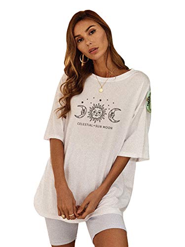 SOLY HUX Women's Letter Sun Moon Print T Shirt Half Sleeve Casual Loose Tee Top White M