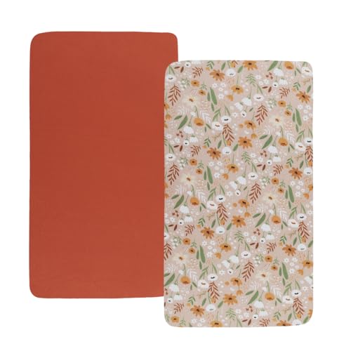 Image of Stretchy Fitted Crib Sheets Set 2 Pack Portable Crib Mattress Topper for Baby Girl Boy,Ultra Soft Jersey Material, Orange & Floral