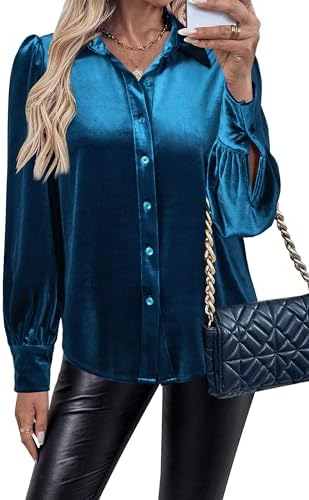 Newshows Women's Velvet Tops Dressy Casual Holiday Blouses Button Down Shirts Long Bell Sleeve Blusas Casuales Trendy