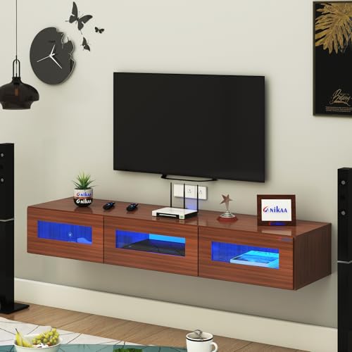 Image of Anikaa Rayza Wall Mount Modern Floating TV Unit for Living Room | 3 Closed Storage cabinets with hinged Door - 3 Blue LED Light | Ideal for UP to 65 Inch TV (Walnut Finish - DIY Installation)