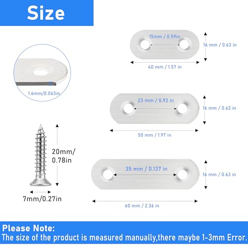 Image of 32 Pcs Flat Plate Straight Bracket Flat Metal Brace,Metal Fixed Connecting Plate,60mm Stainless Straight Braces for Furniture Support,with 64 Pcs 304 SS Screws