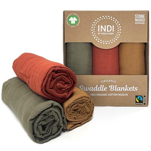 Image of Kishu Baby Indi GOTS Organic Muslin Swaddle Blanket Gift Set in Earthy, Gender Neutral Colors - Stone Washed for Extra Softness – Fairtrade Certified, XL 47 in x 47 in (Dark Olive, Rust, Caramel)