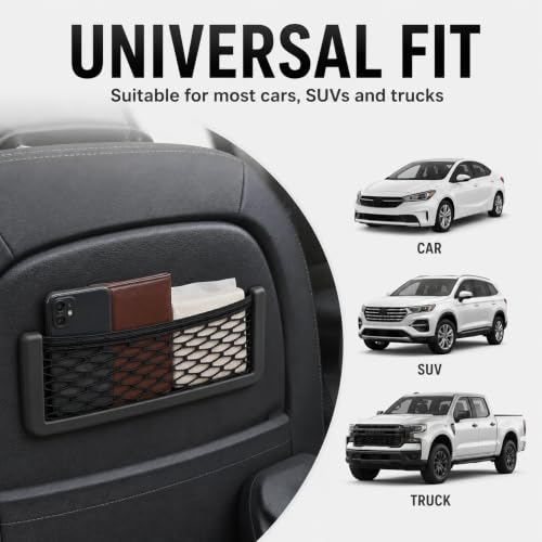 Image of Mshine Car Seat Side Mesh Pocket Net Bag Holder | Stick-On Adhesive Interior Storage Solution for Purse Phone Accessories | Durable Elastic Mesh Organizer for Vehicle Seat Gaps | Pack of 4