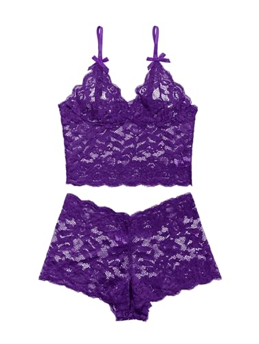 Image of Lilosy Sexy Women Floral Lace Pajamas Lingerie Set High Waist Sheer Sleepwear See Through Nightwear Bow Ties Cami Shorts Bra and Panty 2 Piece Purple 2# Large