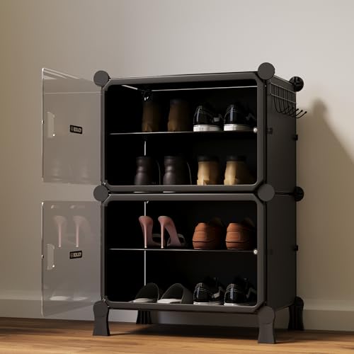 Image of BOXJOY 4 Shelf Black Shoe Rack with 2 Transparent Doors & Steel Holder | Hard PET Plastic Door with Metal Frame & Wooden Hammer, Home Shoes Stand Organiser with Feet to Cover Chappal Slipper Sandals