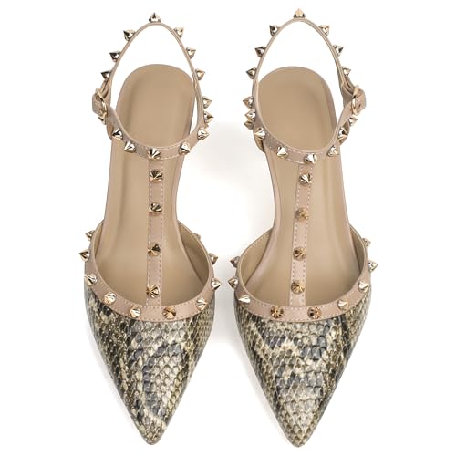 Image of XINIUNIU Studded Heels for Women Kitten Heels with Studs Stiletto Sandals with Rivet Ankle Strap Patent Leather Pointy Toe 2.5 Inch Party Daily Wear Evening Sandals