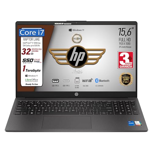HP 250 G10, PC Portatile CPU Intel Core i7-1355U 13th 10 Core, fino a 5GHz, RAM 32GB, SSD 1Tb, Display 15.6' FHD, Wi-Fi 6, BT, WebCam, HDMI, Win 11, Pronto all'Uso, 3 anni di garanzia