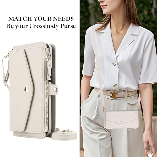 Étui en cuir iPhone 17 Pro Max blanc chic avec fermeture éclair et bandoulière