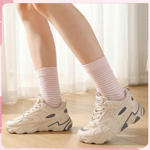 Image of Jspupifip 6 Pairs Womens Strip Crew Socks Cute College Style Ribbed Socks | Combed Cotton, Elastic Ribbed, Retro Stripe, for Work, Commuting, Shopping, Dating, Birthday, Sports, Home, Office