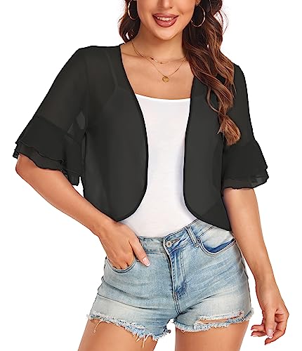 Women's Cardigan Bolero Shrug Ruffle Short Sleeve Open Front Loose Sheer Jackets for Tops
