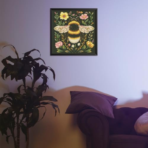 Image of FREEBLOSS 11CT Stamped Cross Stitch Kit for Adults Beginners with Instructions Bees and Floral Pattern Cross Stitch Wall Hanging Kit Embroidery Wall Art Decoration No Frame 18x18in
