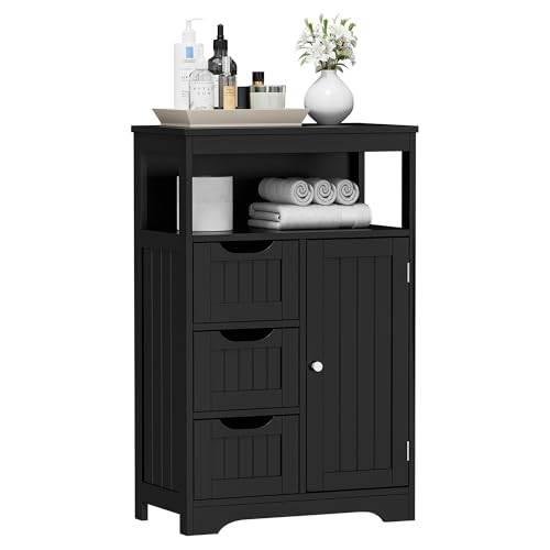 ZenStyle Bathroom Floor Cabinet, Storage Organizer with 3 Drawers and 1 Door, Free Standing Entryway Cupboard for Home Office (Black)